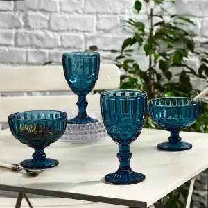 Set of 2 Vintage Luxury Blue Glass Trifle, Dessert Bowls with Set of 2 Wine Goblets Glasses Decorations Ideas 350ml