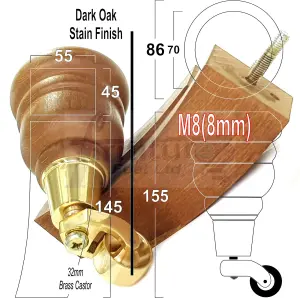 2x DARK OAK STAIN 155mm HIGH WOOD FURNITURE LEGS WITH BRASS CASTOR & 2 CURVED BACK FEET SETTEE CHAIRS, SOFAS M8 TSP2007