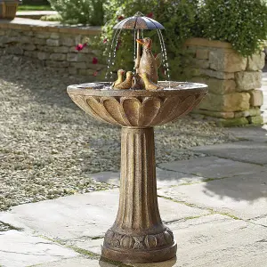 Duck Family Solar Powered Fountain - Weather Resistant Bird Bath Style Bronze Effect Garden Water Feature - H84 x 48cm Diameter