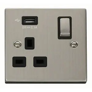 Stainless Steel 1 Gang 13A DP Ingot 1 USB Switched Plug Socket - Black Trim - SE Home