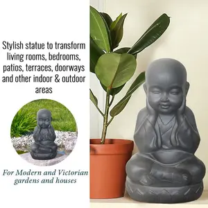 Buddha Statue Indoor and Outdoor, Grey Stone Effect Feng Shui Ornament, Buddha Baby Monk Figurine L20 W17 H35 cm