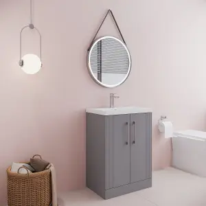 Retro 2 Door Floor Standing Vanity Unit with Mid-Edge 1 Tap Hole Ceramic Basin - 600mm - Satin Grey - Balterley