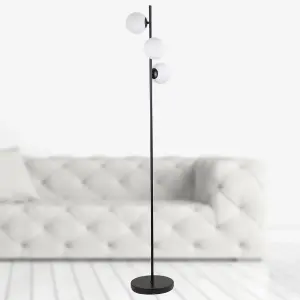 First Choice Lighting Pair of Black Floor Lamp with Opal Globe Shades