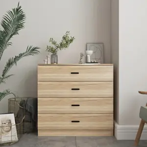 URBNLIVING Height 73cm 4 Drawer Wooden Bedroom Chest Cabinet Modern Oak Carcass and Oak Drawers Wide Storage Cupboard Closet