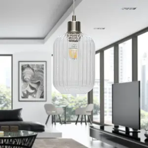 First Choice Lighting Batley Clear Ribbed Glass with Satin Nickel Pendant Fitting