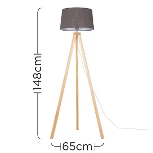 ValueLights Barbro Modern Light Wood Tripod Design Floor Lamp with Grey Tapered Shade - Includes 6w LED GLS Bulb 3000K Warm White