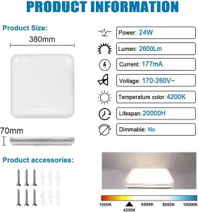 24W LED Square Ceiling Light, Warm White 3000K, 2600 Lumen