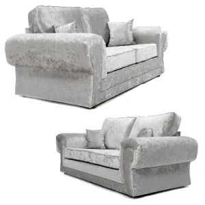 Chelsea Silver Crushed Velvet Large 3 + 2 Seater Sofa Set Rolled Arms