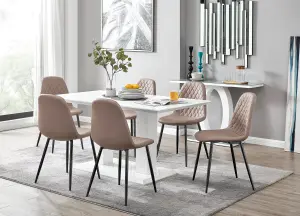 Imperia White High Gloss 6 Seater Dining Table with Structural 2 Plinth Column Legs 6 Beige Faux Leather Gold Leg Corona Chairs