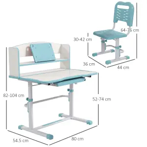 ZONEKIZ Height Adjustable Kids Desk and Chair Set, with Drawer, Bookshelf, Blue