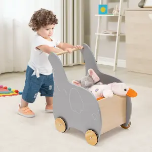 Costway Wooden Baby Walker 2 in 1 Kids Push Along Toy Cart with Storage Chest 4 Wheels