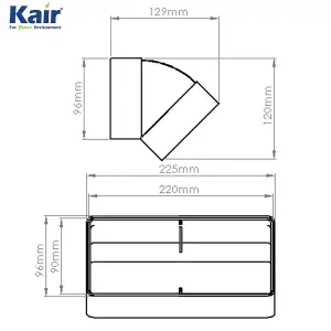 Kair 45 Degree Vertical Elbow Bend 220mm x 90mm - 9 x 4 inch Rectangular Plastic Ducting Adaptor