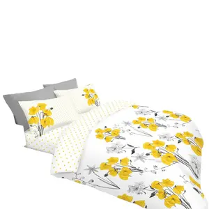 Buford Cotton Blend Floral Duvet Cover Set with Pillowcases Yellow/Grey/White / Double Duvet Cover - 2 Standard Pillowcases