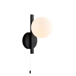 Matt Black Contemporary Bathroom Wall Light & Opal Sphere Glass Shade IP44 Rated