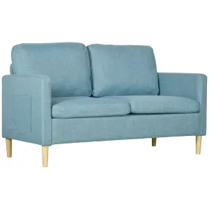 HOMCOM 2 Seater Sofa Modern Fabric Couch with Wood Legs and 2 Pockets Blue