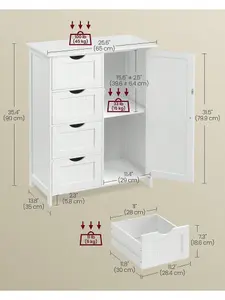 VASAGLE Bathroom Floor Storage Cabinet, Bathroom Storage Unit With 4 Drawers, Bathroom Cabinet Freestanding, With 1 Door