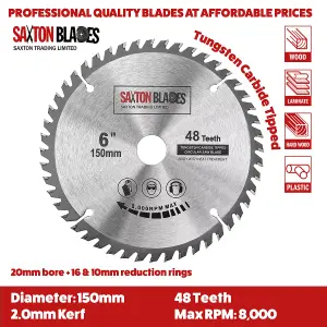 2x Saxton TCT Circular Saw Blades 150mm x 20mm bore 48 & 60 teeth + 16mm and 10mm Ring Compatible with Ryobi Bosch Makita Dewalt