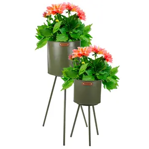 URBNGARDEN 72cm Height Green 2Pcs Outdoor Garden Patio Décor Metal Flower Pot Set Planter Raised On Legs