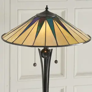 1.5m Tiffany Twin Floor Lamp Black & Multi Colour Stained Glass Shade i00009