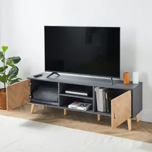 VonHaus Herringbone TV Unit, Grey & Wood Effect TV Cabinet For TV's up to 65"  w/Storage Cupboards, Shelving & Tapered Legs