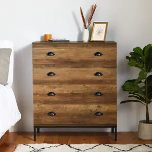 VonHaus Chest of Drawers, Dark Wood Effect 4 Drawer Dresser, Industrial Rustic Bedroom Drawers Clothes Storage Cabinet for Bedroom