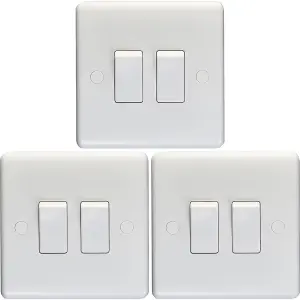 3 PACK 2 Gang Double 10A Light Switch 2 Way - WHITE PLASTIC Wall Plate Rocker