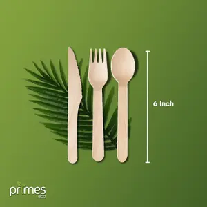 PRIMES ECO Disposable Wooden Cutlery Set, 100 Forks, 100 Spoons and 100 Kniv