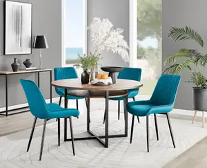 Adley Brown Wood Effect And Black Round Dining Table with Storage Shelf and 4 Blue Velvet Black Leg Pesaro Dining Chairs