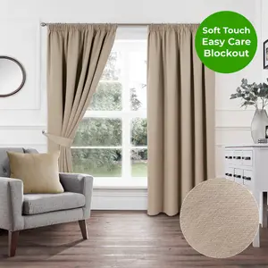 Home Curtains Woven Blockout 65w" x 54d" (165x137cm) Latte Pencil Pleat Curtains (PAIR)