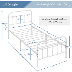 Yaheetech White 3ft Single Vintage Metal Bed Frame with High Headboard and Footboard