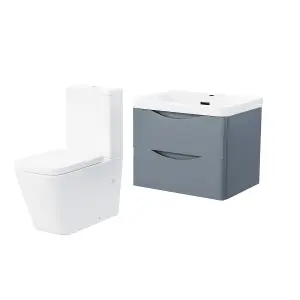 Nes Home Merton 600mm Wall Hung Vanity Basin Unit & Square Rimless Close Coupled Toilet Grey