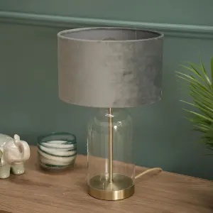 ValueLights Jessy Glass and Gold Metal Bedside Table Lamp with a Grey Velvet Lampshade