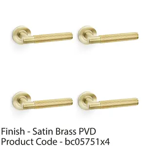 4 PACK - SOLID BRASS Reeded Door Handle Set - Satin Brass Straight Lever on Round Rose