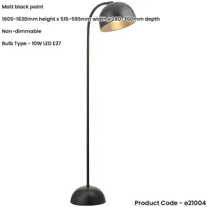 1630mm Floor Lamp - Matt Black Modern Curved Arm - Standing LED Light Base & Shade