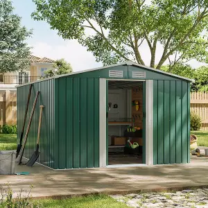 10 x 8 ft Metal Shed Garden Storage Shed Apex Roof Double Door with Base Foundation,Dark Green