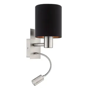 Wall Light Satin Nickel Shade Black Copper Fabric Bulb E27 LED 1x40W 1x3.5W