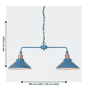 First Choice Lighting Maxwell Mirage Blue Brushed Copper 2 Light Bar Ceiling Pendant Light