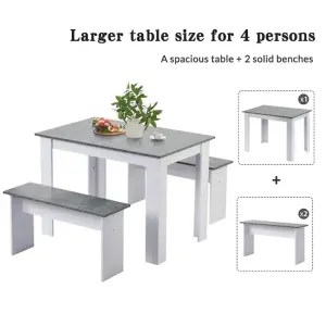 Dining Table with 2 benches Dining Table Set for Kitchen, Dining Room, Small Space Artificial Marble (Grey and White)