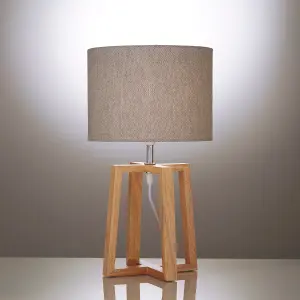 Natural Wooden Table Lamp with Linen Look Shade Criss Cross Legs