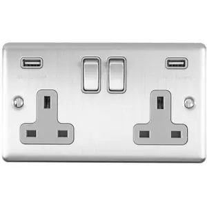 2 PACK 2 Gang Single UK Plug Socket & 2.1A USB SATIN STEEL & Grey 13A Switched