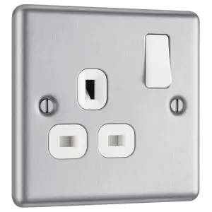 GoodHome Brushed Steel Single 13A Switched Socket & White inserts