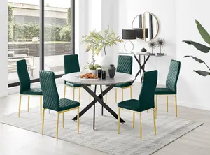 Furniturebox UK Novara Grey Concrete Effect Black Leg 120cm Round Dining Table & 6 Green Velvet Milan Gold Leg Chairs