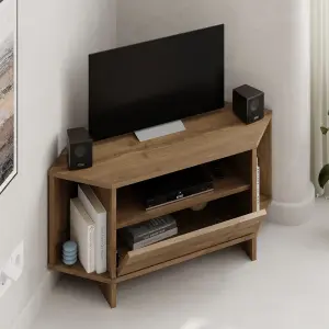 Decortie Modern Viva Corner TV Unit Shelf up to 40 Inch TVs Push to Open Storage Cabinet, 3 Open Shelf 95.7(W)cm Dark Oak Effect