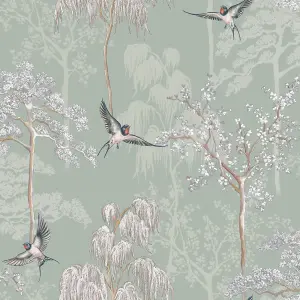 Japanese Oriental Garden Inspired Wallpaper Sage Green World of Wallpaper 946102