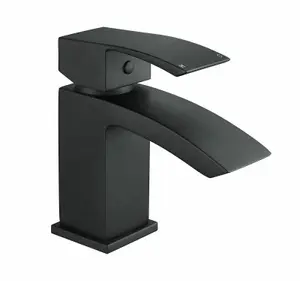 Bubly Bathrooms™ Bathroom Waterfall Black Matt Basin Sink Mono Mixer Single Lever Tap & Waste