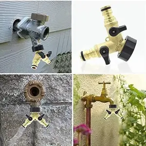 2 Way Brass Hose Splitter - Garden Hose Connector with Dual Water Taps Connector with Individual On/Off valves