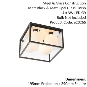 Matt Black Square Framed Semi Flush Bathroom Ceiling Light & Sphere Glass Shades