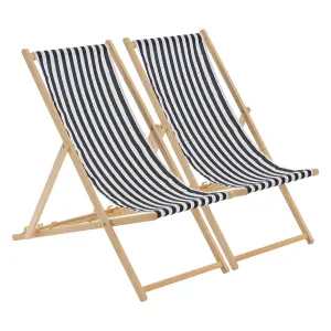 Harbour Housewares - Folding Wooden Garden Deck Chairs - Black Stripe - Pack of 2