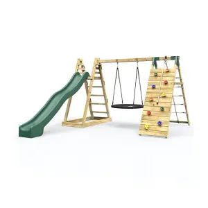 Rebo Wooden Pyramid Climbing Frame with Swings and 8.7ft Water Slide - Looking Glass