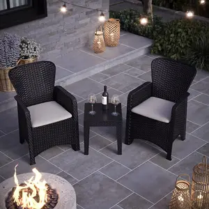 URBNGARDEN 87cm Height Black Coffee Table & Chairs Bistro Set Rattan Garden Furniture Outdoor Patio Set of 3